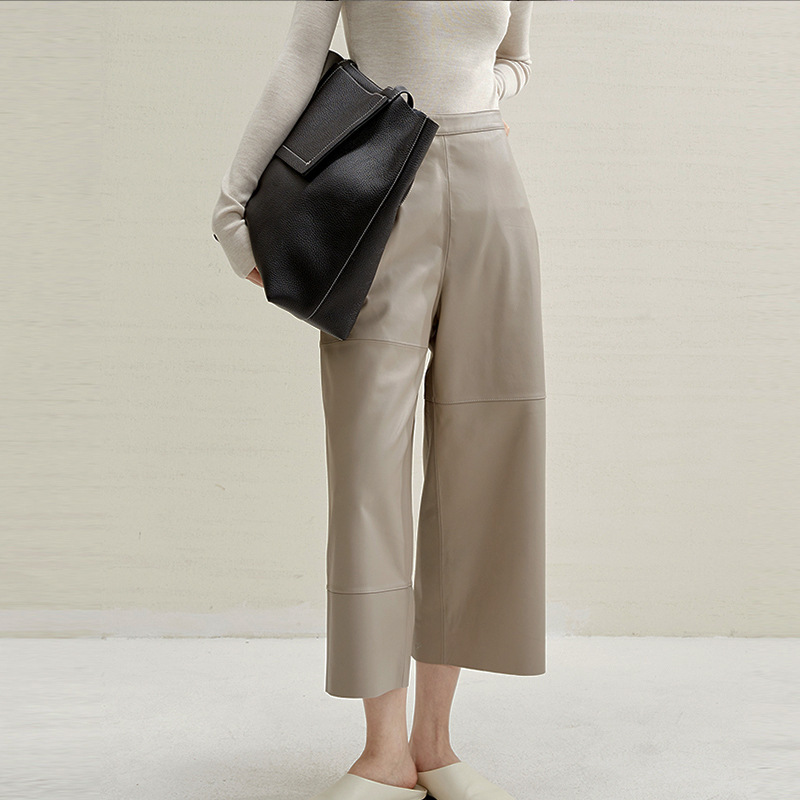 L brand same style irregular cut imported lambskin open line wide leg pants real leather pants loose straight leather pants
