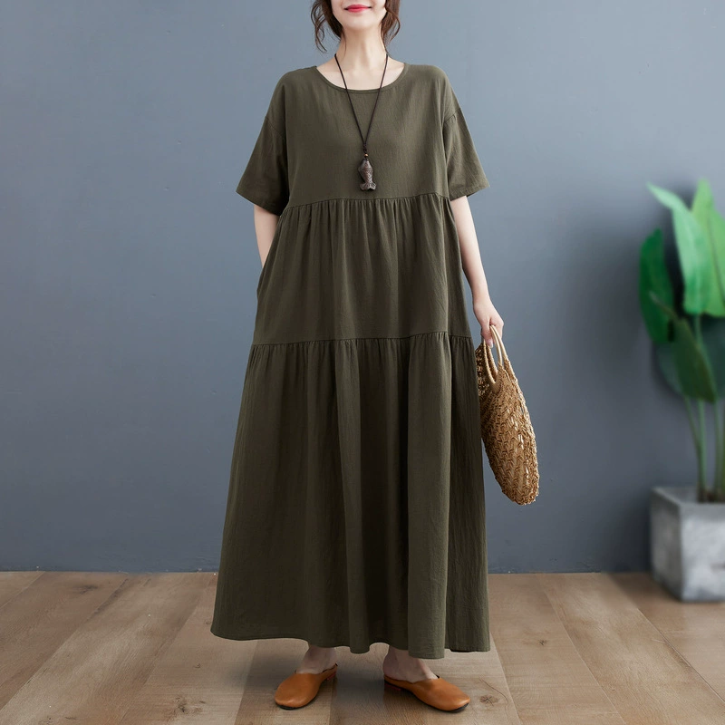 2025 настоящее лето новый ретро литературный хлопок конопля свободный большой размер сплошной цвет платья с короткими рукавами