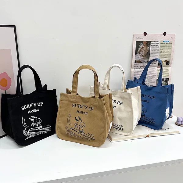 New Cartoon Canvas Handbag for Women, Japanese-Style Small Portable Fashion Mommy Bag, Cute Lunch Storage Bento Bag
