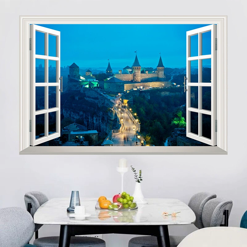 Внешняя торговля имитация трехмерного окна поддельное окно Украина замок пейзаж наклейки на стену наклейки для гостиной спальни крыльцо обои наклейки