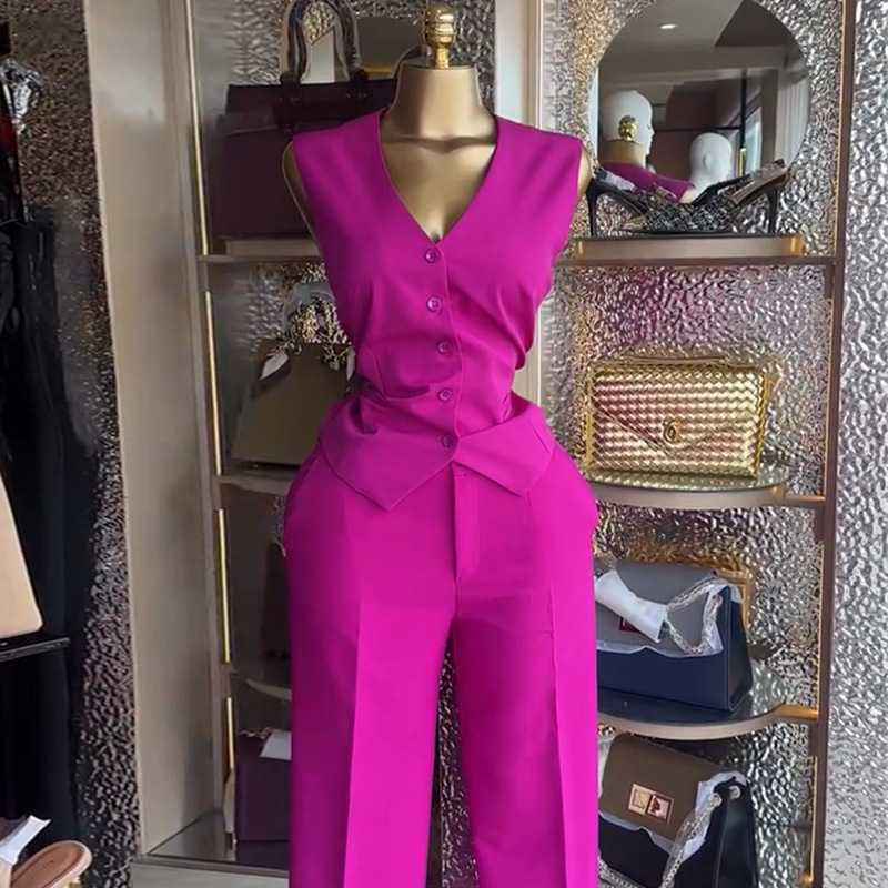 Women's Clothing Women's Fashion V Neck Button Down Vest Wide Leg Trousers Casual Suit Style Autumn Winter_voghion.com