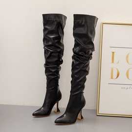 ladies boots长靴女冬季欧美女直筒靴白色褶皱高跟大码过膝长筒靴