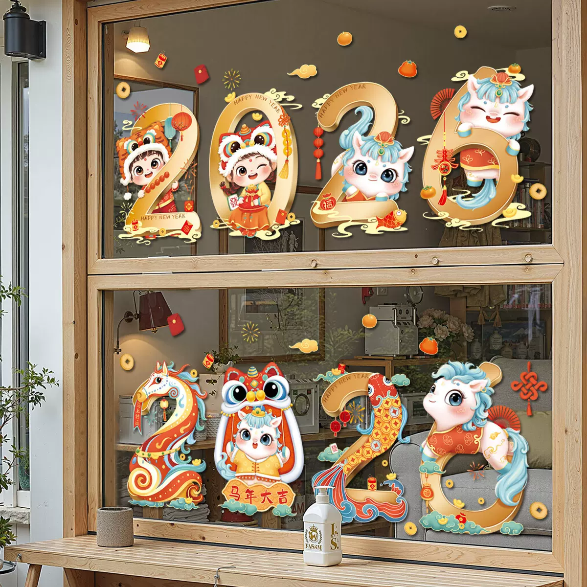 2026马年窗花贴画商场橱窗玻璃静电贴画过年节庆装饰玻璃窗贴画