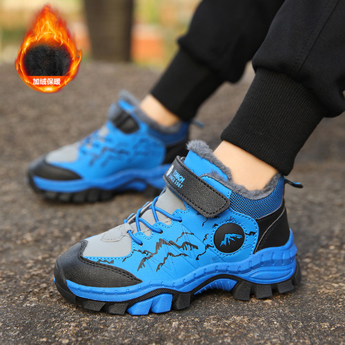 Winter boys' cotton shoes, children's fleece-lined sneakers, warm double-cotton snow boots for older children, outdoor shoes.