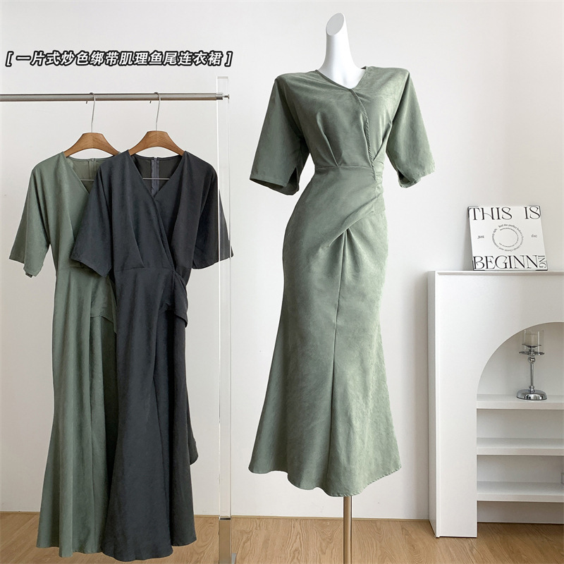 Korean Design Niche One-Piece Five-Quarter Sleeve Dress Summer New Slimming Look Strap Fishtail Long Skirt