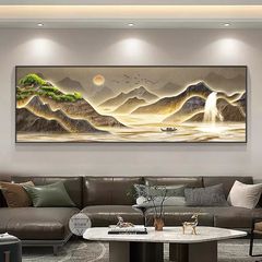 流水生財客間装飾画新中国式ソファー背景壁掛け画迎客松禅意茶室山水壁画