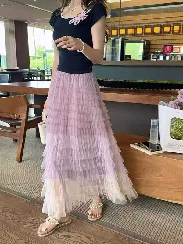 爱丽丝甜美渐变网纱蛋糕裙重工拼接中长款半身裙秋法式仙女裙5色|undefined