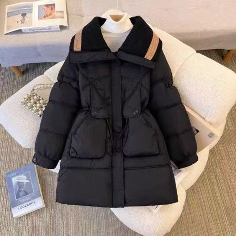 大翻领洋气针织拼接外套女今年冬新款中长款修身大码棉衣棉服棉袄