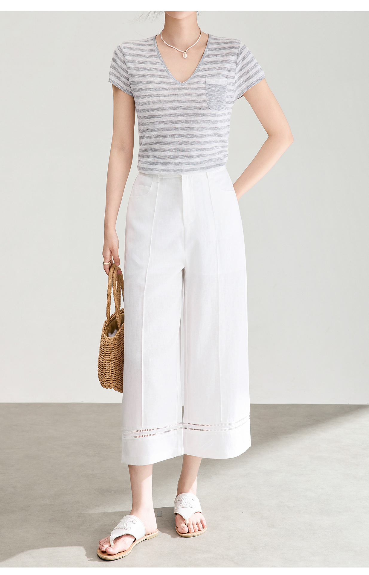 Quần culottes nữ ống rộng dáng dài 9 phần, chất liệu sợi gai dầu mỏng nhẹ mùa hè — màu xanh navy chi tiết 19