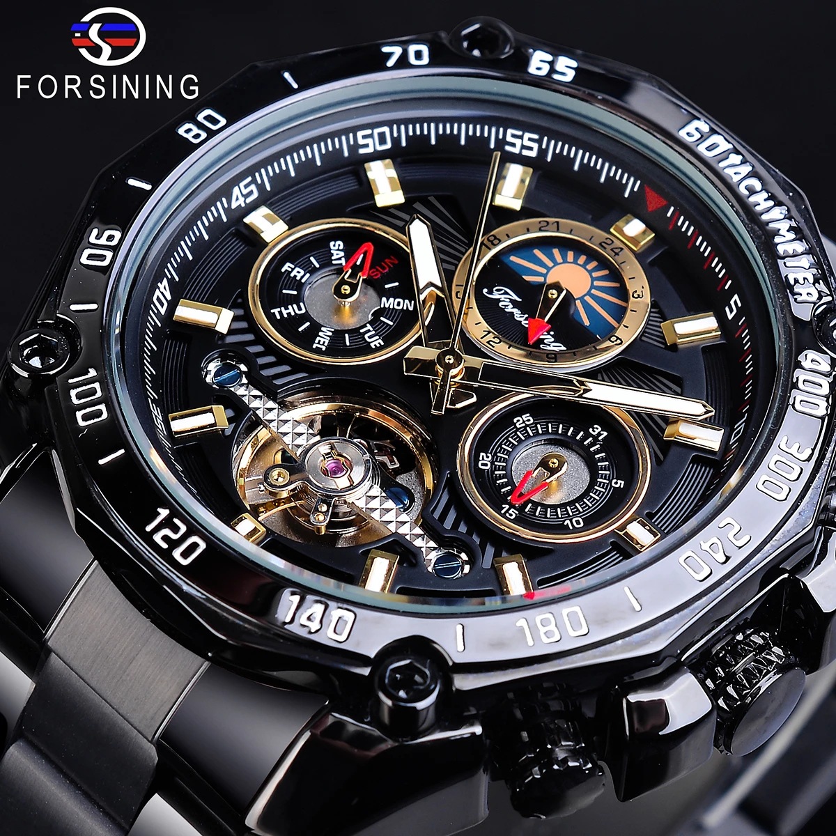 Forsining Black Three Plate Men's Mechanical Watch Automatic Tourbillon Hollow Moon Phase Weekly Steel Band Watch_voghion.com