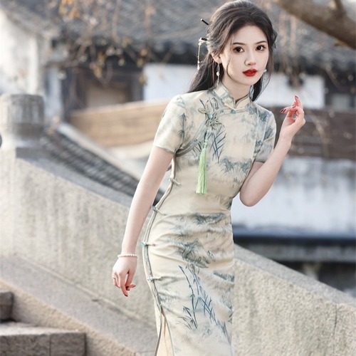  Floral chinese dress oriental Qipao for women young girls Long Cheongsam Model Singers choir chorus performance dress Chinese Style Ink Painting Slim Fit