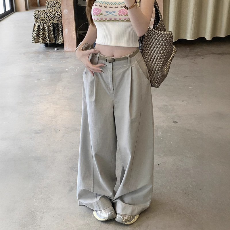 女性用の怠惰なカジュアルパンツの実物写真、夏のハイウエストレトロソリッドカラールーズワイドレッグパンツ、ドレープフロアレングスパンツ|undefined