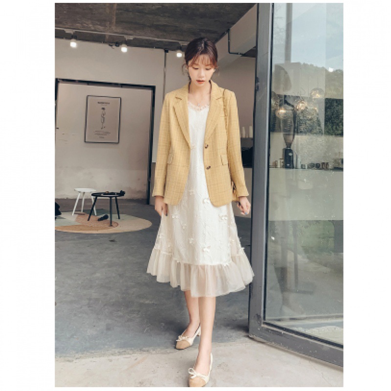 宿本网红格子小西装外套女2024春季新款黄格纹休闲chic西服英伦风