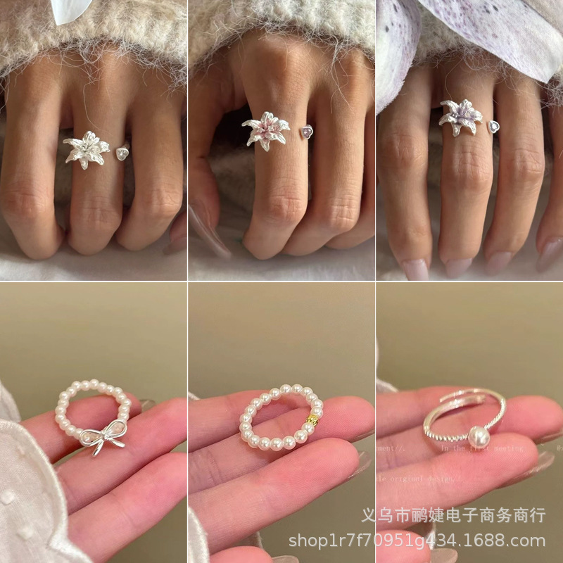 Bowknot Pearl Beaded Women's Ins Niche High-End Open Ring Starry Lily Series Friendship Ring High-End Minimalist