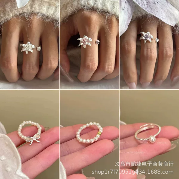 Bowknot Pearl Beaded Women's Ins Niche High-End Open Ring Starry Lily Series Friendship Ring High-End Minimalist