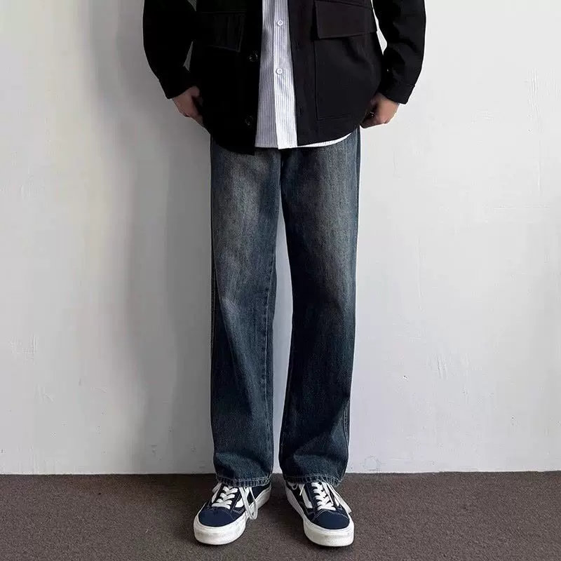 美式复古浅蓝色牛仔裤男秋冬cleanfit裤子休闲百搭蓝牛直筒阔腿裤