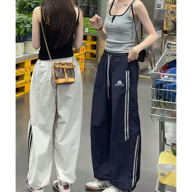 Striped American Retro Sports Quick-Dry Pants Summer 2026 New Thin Loose Casual High-Waisted Embroidered Wide-Leg Pants