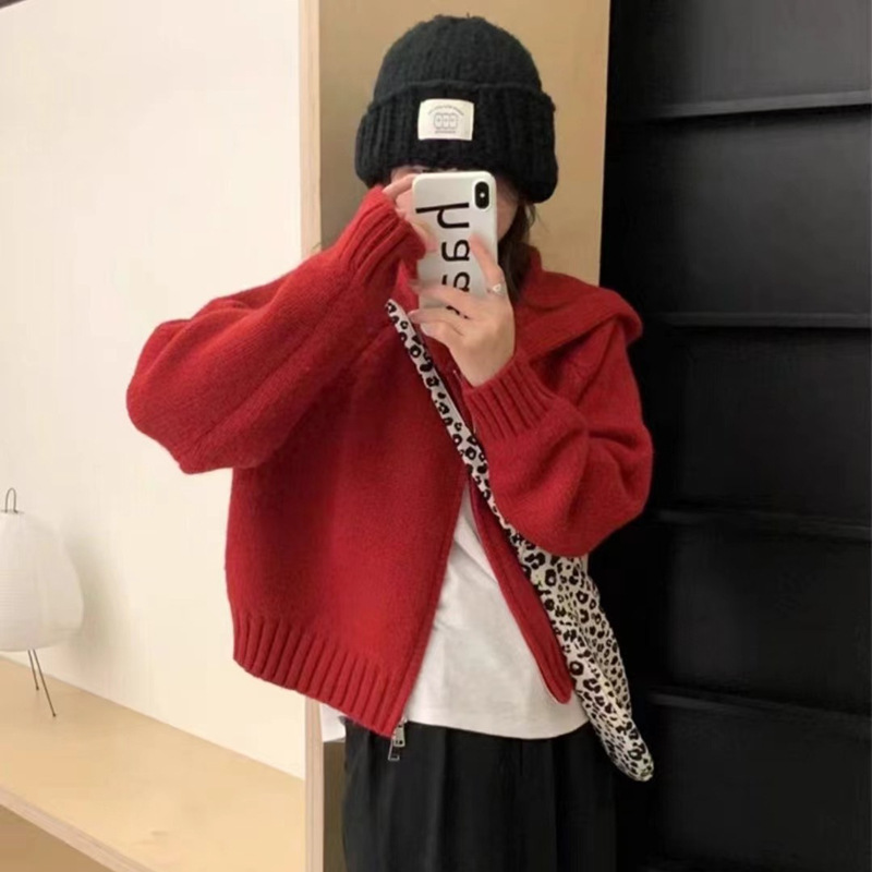 双拉链连帽针织开衫女秋季韩系慵懒风小众设计感叠穿短款别致外套|undefined