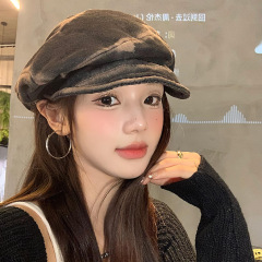 美式复古水洗做旧褶皱贝雷帽子女百搭显脸小八角帽文艺画家报童帽