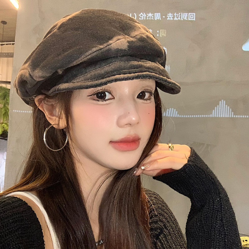 美式复古水洗做旧褶皱贝雷帽子女百搭显脸小八角帽文艺画家报童帽|undefined