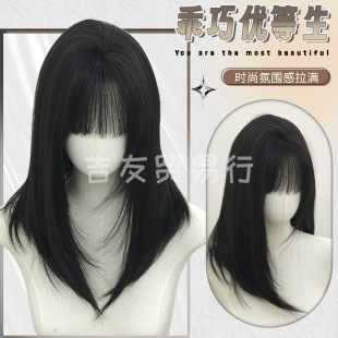 Jiyou Trade Wig Black Brown Women's Full Head Cover Medium Long Hair Layered Atmosphere Daily Face Repair Realistic in stock