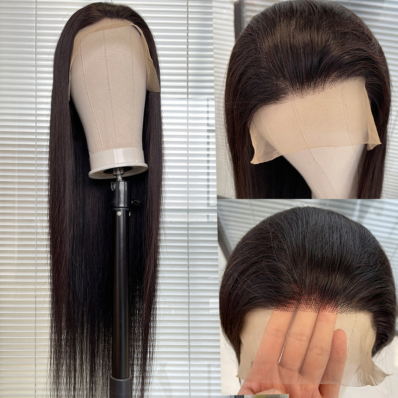 Temu Cross-Border Women's Medium-Length Straight Hair Lace Front Wig Synthetic Fiber Full Head Lace Wig Natural and Realistic