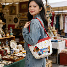 新款棉绳编织腊肠狗单肩女包时尚百搭撞色大容量托特包通勤手提篮