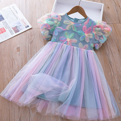 Little Girl Summer Dress 2023 New Stylish Children's Puffed Net Dress Sweet Flower Princess Dress
