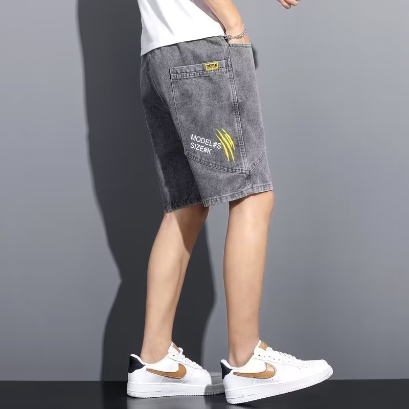 Summer men's elastic waist thin Denim shorts printed straight loose trend 5 five casual pants fashion