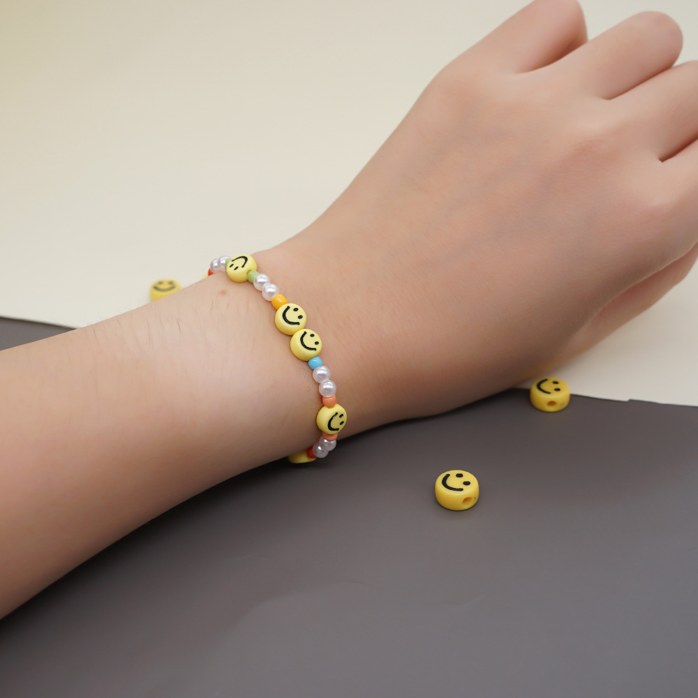 Diseño Creativo De Interés Especial Estilo Bohemio Cuenta Colorida Imitación Perla Amarilla Sonriente Hecha A Mano Pequeña Pulsera De Cuentas Para Mujer display picture 1