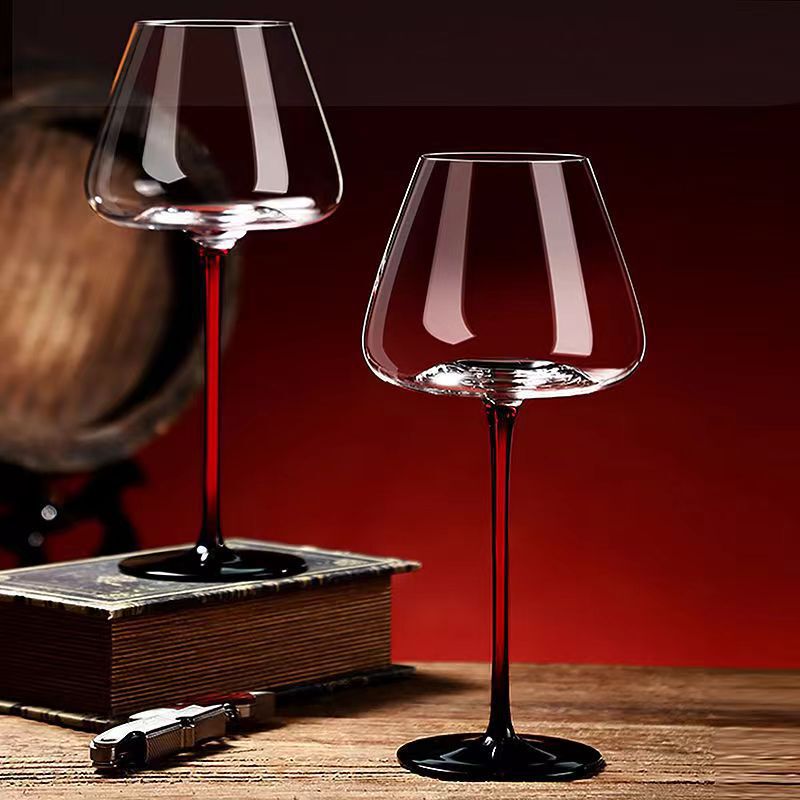 Concave-Bottomed Red Wine Glass, Bordeaux Goblet, Burgundy Crystal Glass, Red Stem, Black Base Wine Glass, Wine