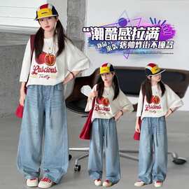 女童套装夏季2026新款洋气儿童印花短袖t恤夏装休闲牛仔裤两件套