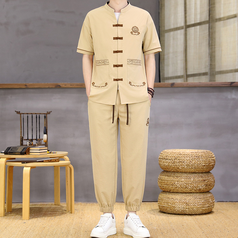Summer Men's Suit Chinese Style Casual Cardigan Short-Sleeved Ethnic Style Men's Clothing Hanfu Retro Tang Suit Two-Piece Trendy Set