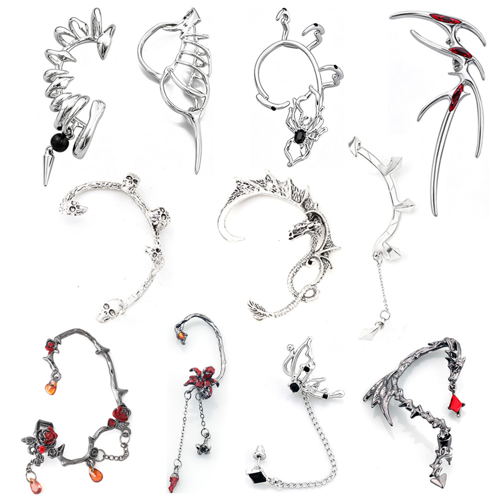 European and American trendy accessories: dragon, pterosaur, punk ear cuffs, no-piercing required, mandala flower, rose flower, dark style earrings