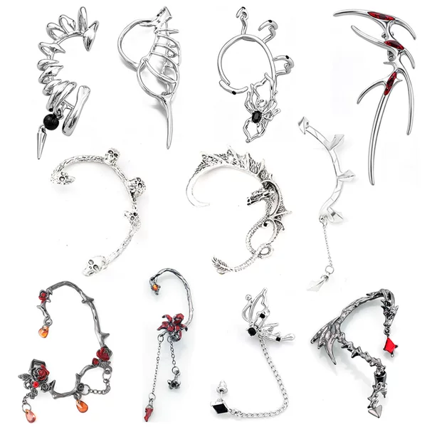 European and American trendy accessories: dragon, pterosaur, punk ear cuffs, no-piercing required, mandala flower, rose flower, dark style earrings