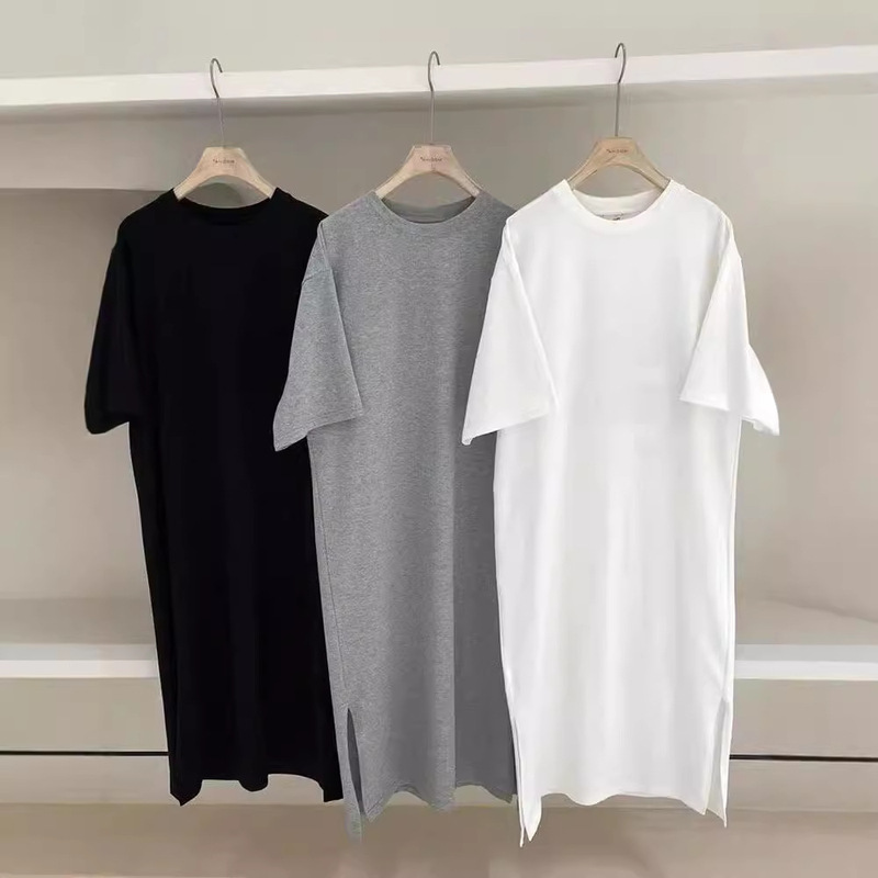 European STaTion Pure Color Round Neck ShorT-sleeved T-shirT SkirT Women's Summer New Loose Lazy STyle Dress Mid-lengTh