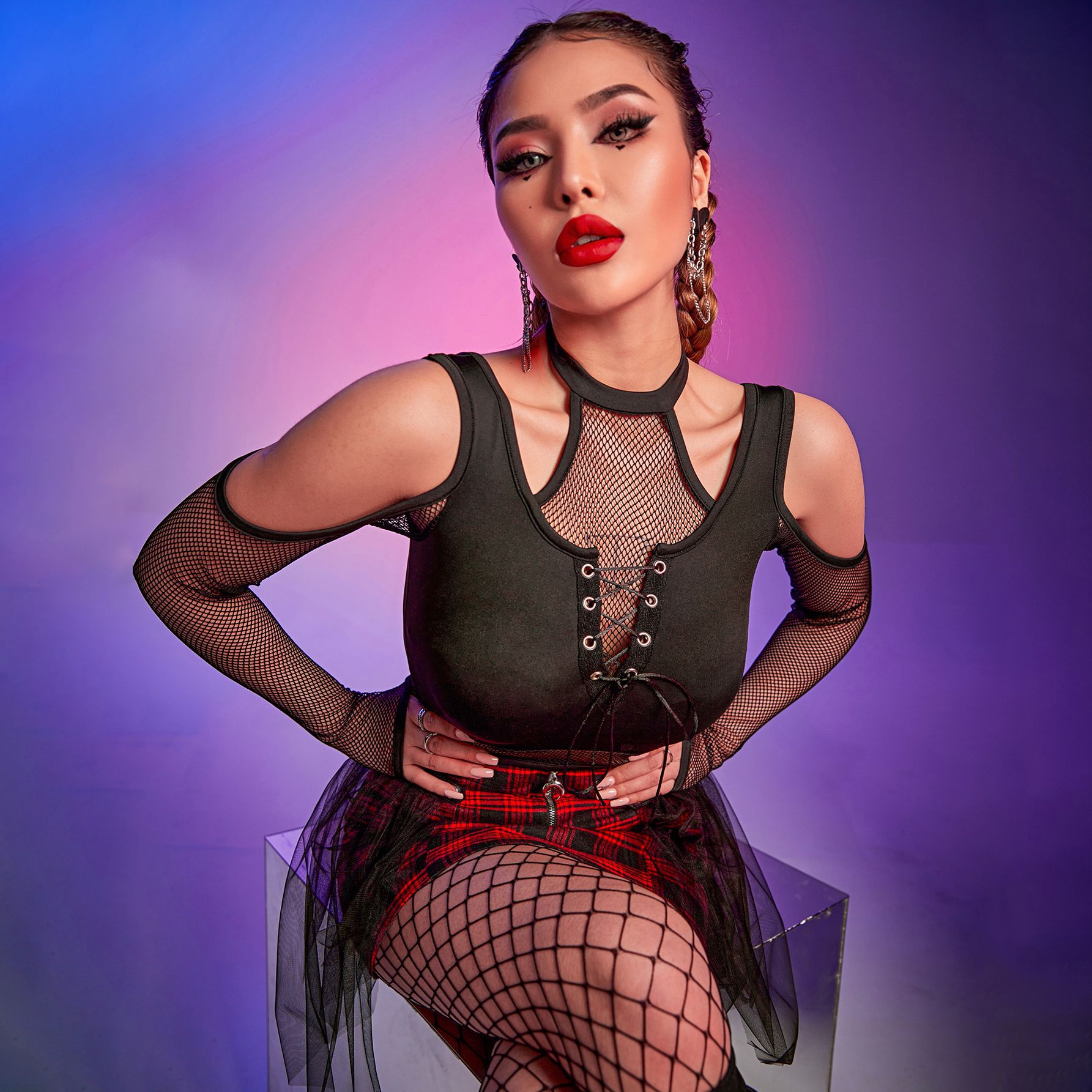 Gothic Cold Shoulder Mesh Sleeve Crop Top