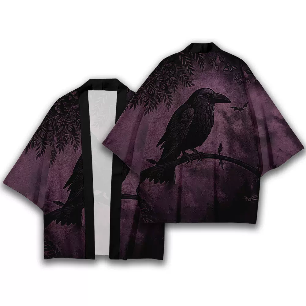 哥特复古风乌鸦印花羽织外套深色系宽松和服开衫男女同款潮流上衣