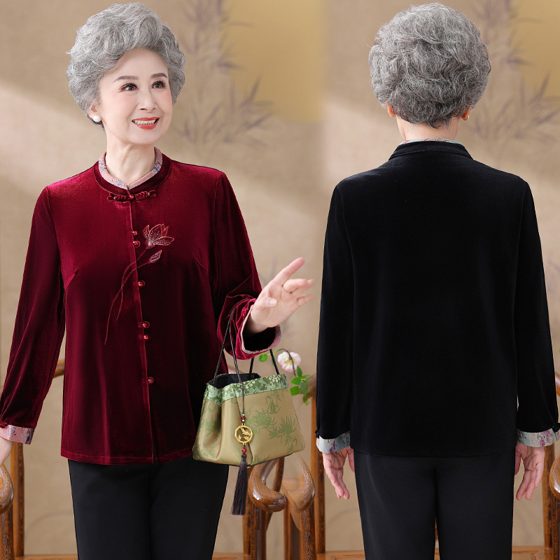 喜庆奶奶装长袖衬衫中老年人春秋装女金丝绒衣服婚宴礼服妈妈过寿|undefined