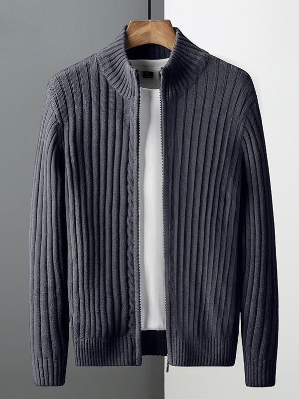 2025新款拉链开衫黑色修身长袖坑条纹冬季针织衫立领毛衣外套男士