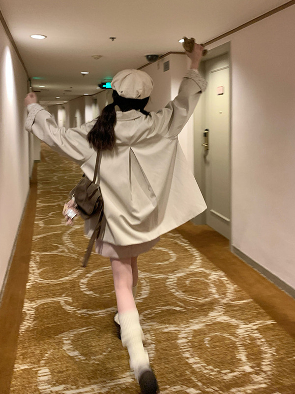 秋风寄语 袖口拼接碎花风衣女秋冬遮肉宽松学生可爱大衣减龄外套|undefined