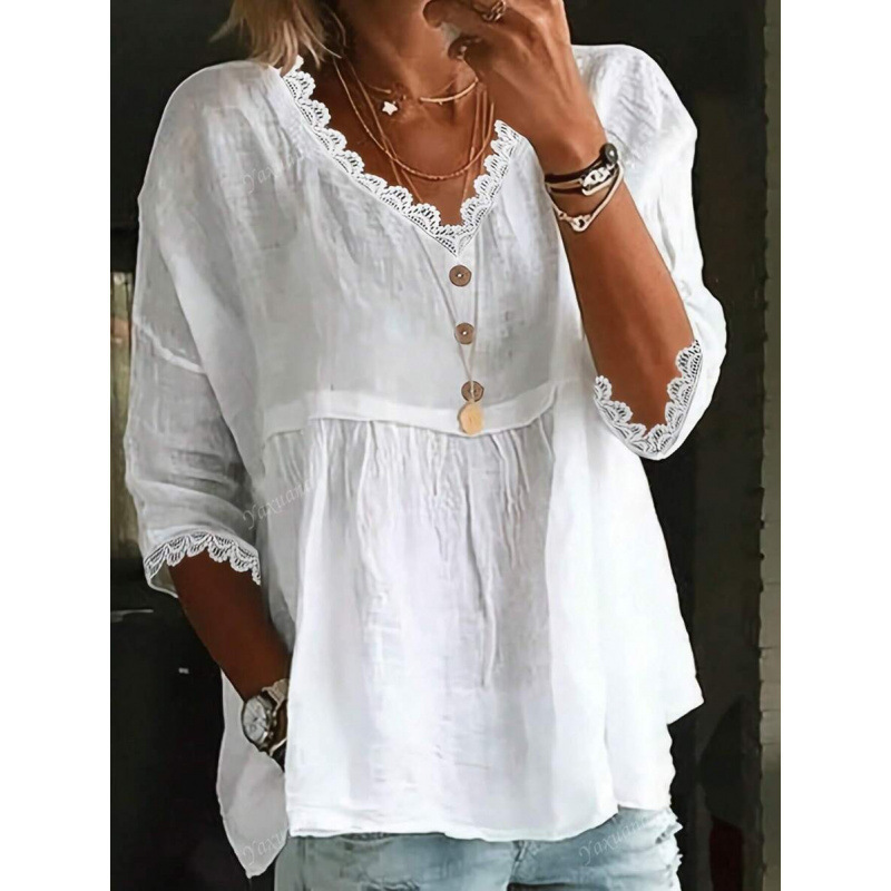 Y 68085 Foreign Trade Dropshipping Aliexpress Cross-Border Women's Casual V-Neck Lace Trim Shirt Polyester Fiber