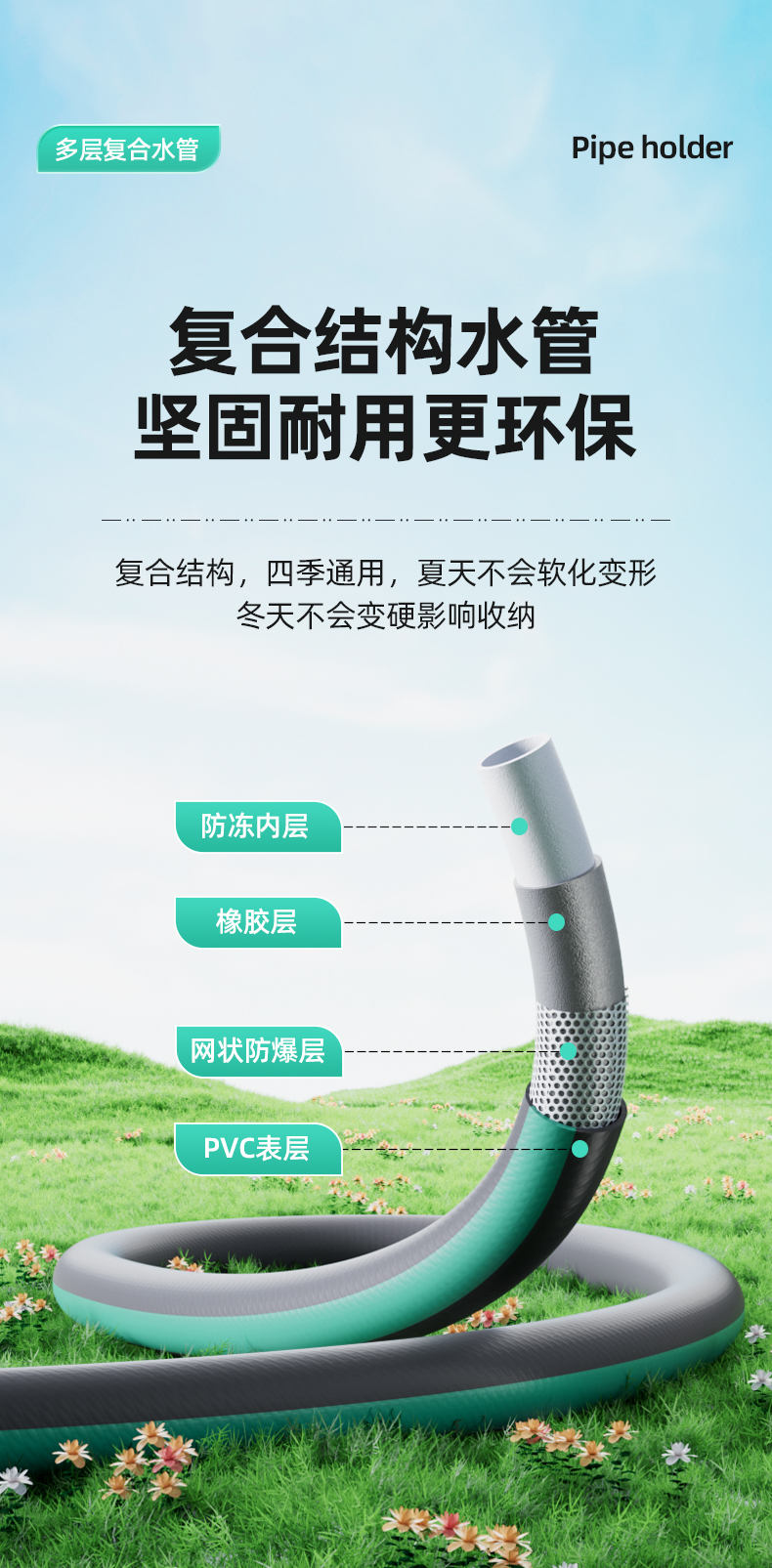 High-pressure water gun for watering flowers and washing cars, hose storage rack, watering vegetables, explosion-proof and freeze-resistant 1/2 inch plastic PVC pipe