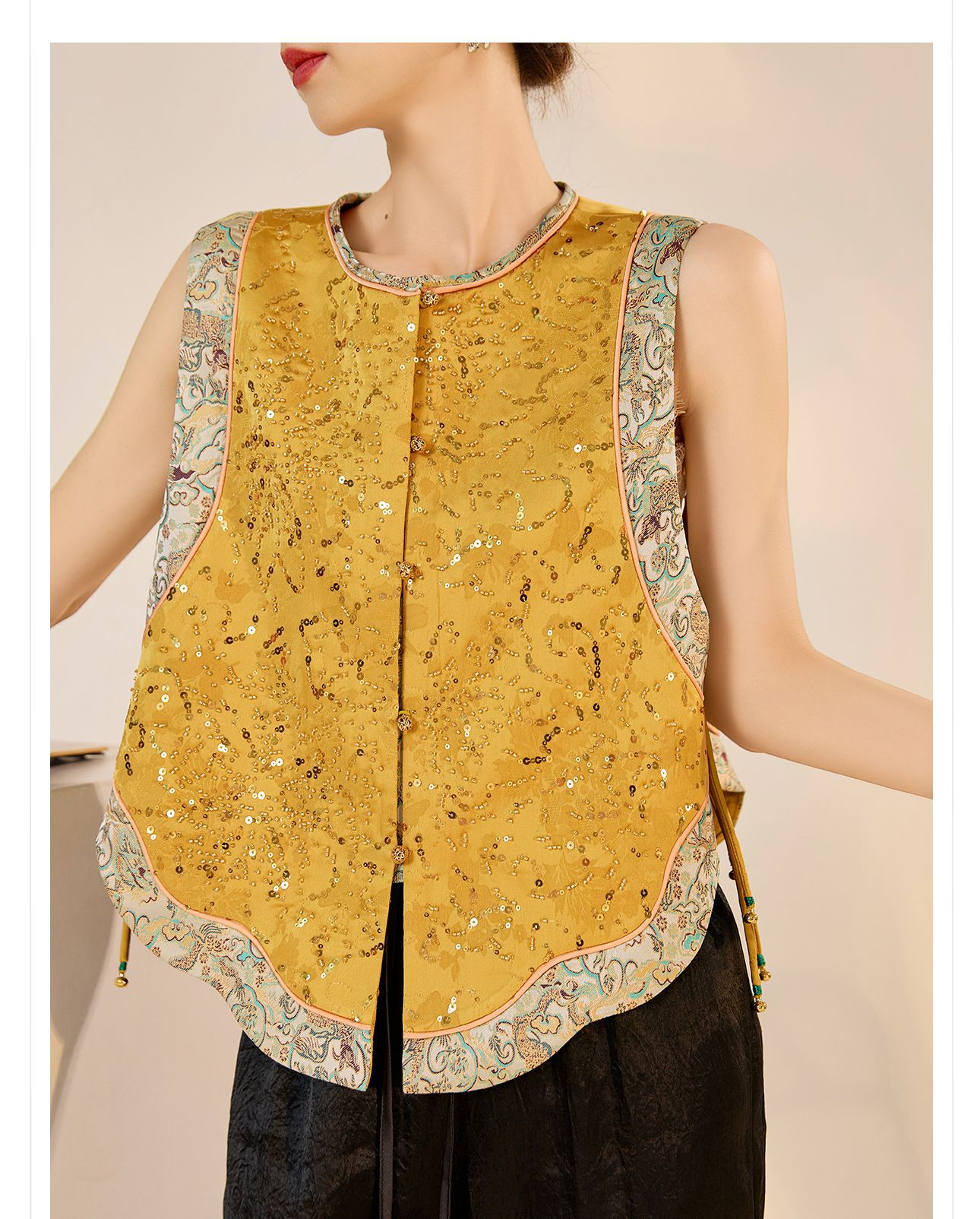 Áo vest gile nữ phong cách retro Tân Trung Hoa, cổ đứng, thêu đính hạt cườm tinh xảo — Vàng chanh chi tiết 11