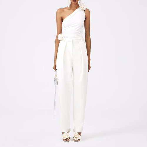 2024 new summer style three-dimensional flower decorative temperament sexy versatile slimming slanted shoulder design tops and vests for women