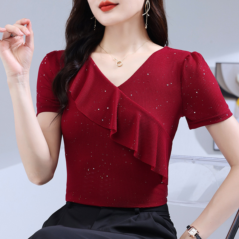 V-Neck Ruffled Short-Sleeve T-Shirt for Women, Summer New Stylish Dancewear, Slim-Fit Square Dance Top for Women