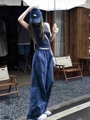 藏蓝色速干工装裤女春夏美式运动阔腿休闲冲锋登山jazz爵士舞裤子