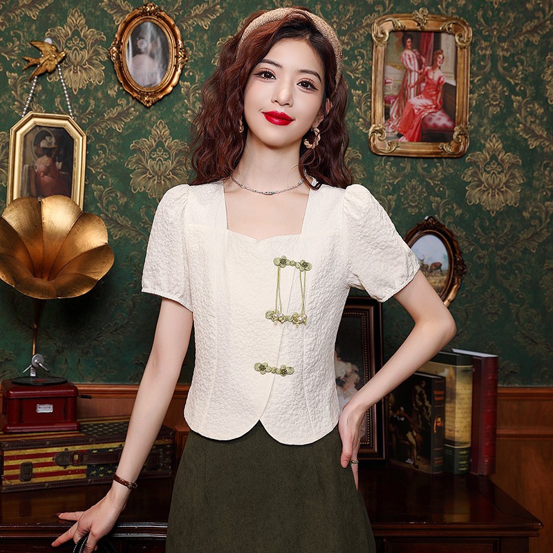 已出货 新中式女装国风盘扣短袖女雪纺衫夏季显瘦高级感小众上衣