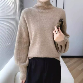 秋冬新款洋绒衫女套头高领针织宽松内搭毛衣落肩加厚羊毛打底衫潮