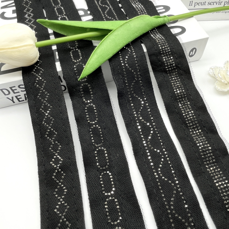 加宽黑色网纱烫钻布边花边手工DIY服饰辅料裤子侧边条滚边条装饰
